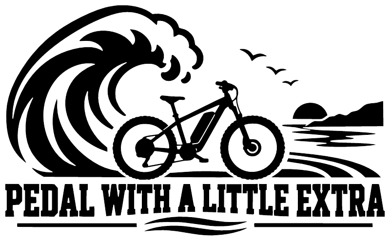 Black vinyl e-bike pedal decal with motorcycle graphic and 'PEDAL WITH A LITTLE EXTRA'