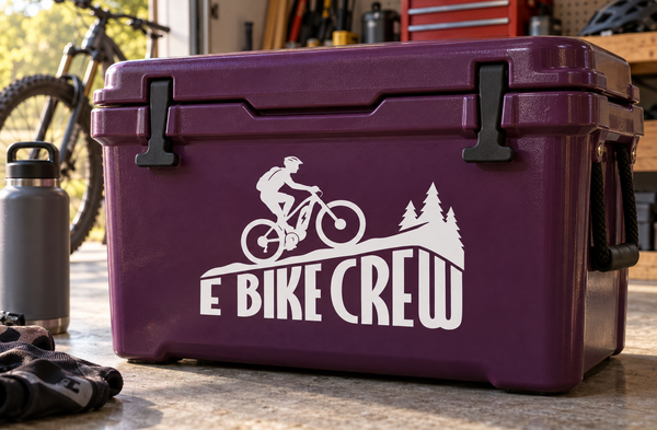 Purple bin with white E BIKE CREW vinyl decal, cyclist and tree silhouettes