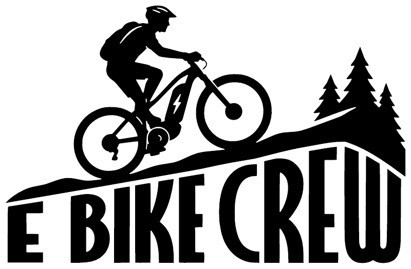 Black E BIKE CREW vinyl decal with cyclist on bike and pine tree shapes