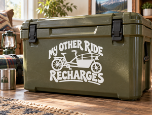 Vinyl decal with white 'My Other Ride Recharges' text and bike icon