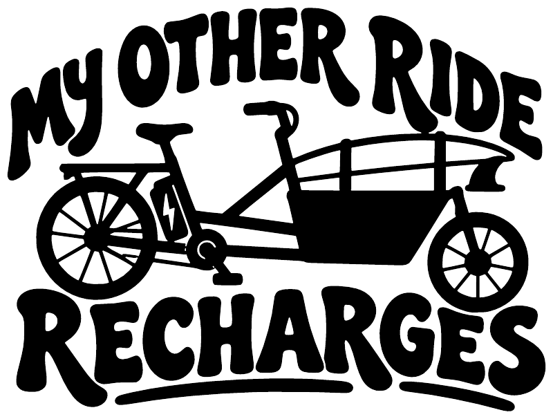 Black and white vinyl decal with 'My Other Ride Recharges' and vintage bike