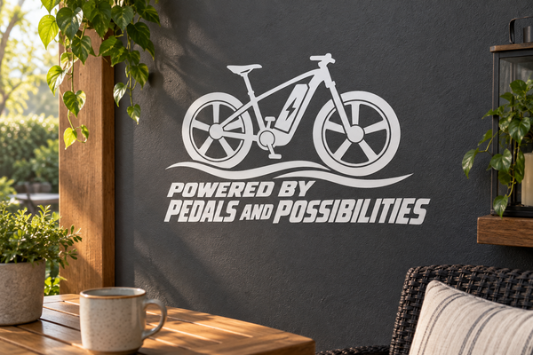 E-bike vinyl decal: bike icon with "Powered by Pedals and Possibilities" text