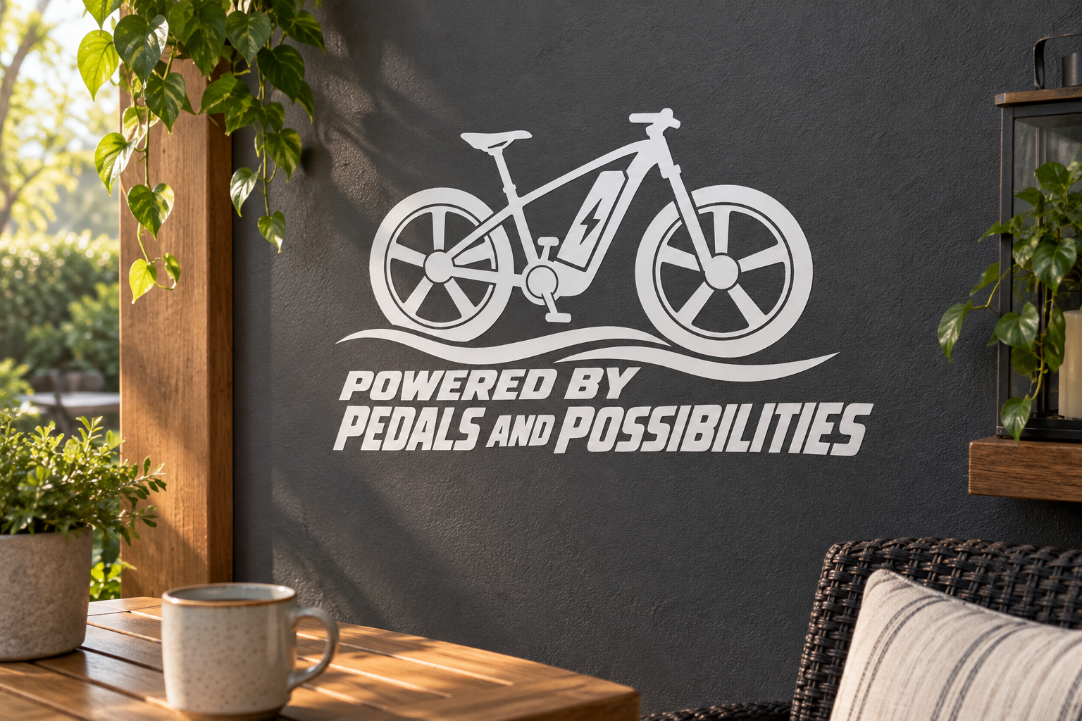 E-bike vinyl decal: bike icon with "Powered by Pedals and Possibilities" text