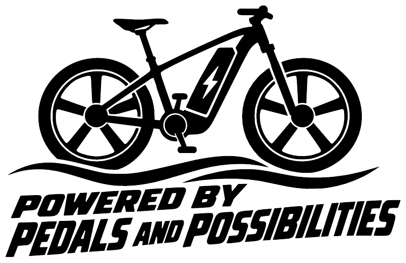 Black-and-white E-bike vinyl decal with bike icon and bold "Powered by Pedals and Possibilities"