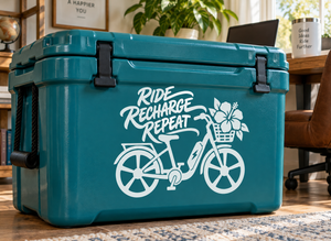 Teal e-bike ride recharge vinyl decal with bike, text, and flower accents