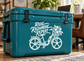Teal e-bike ride recharge vinyl decal with bike, text, and flower accents
