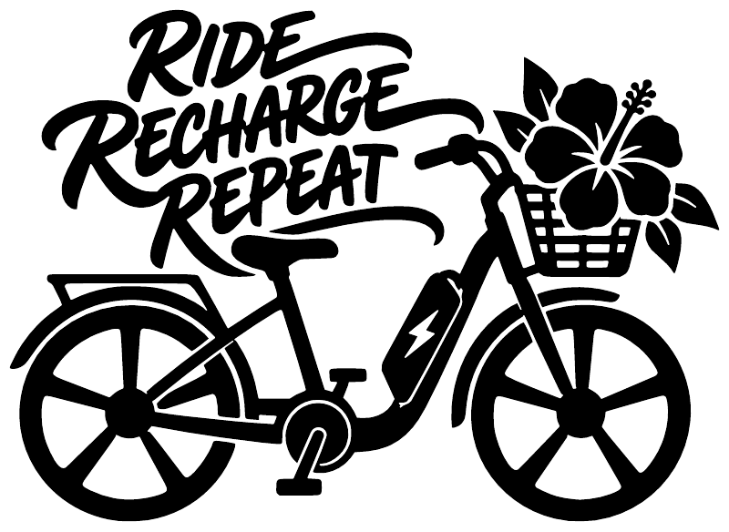 Black ride recharge repeat e-bike vinyl decal with bike and flower accents