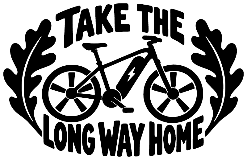 Black bicycle vinyl decal reading Take the Long Way Home with winged wheel graphic