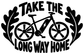 Black bicycle vinyl decal reading Take the Long Way Home with winged wheel graphic