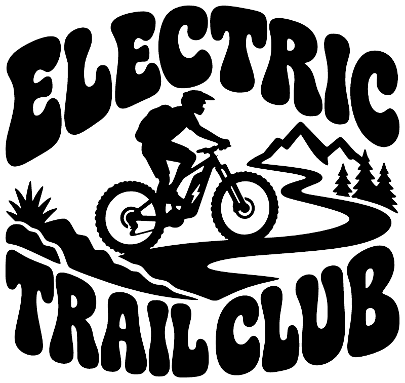 Black electric trail club vinyl decal with e-bike rider, trees, mountains, 'ELECTRIC TRAIL CLUB'