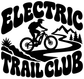 Black electric trail club vinyl decal with e-bike rider, trees, mountains, 'ELECTRIC TRAIL CLUB'