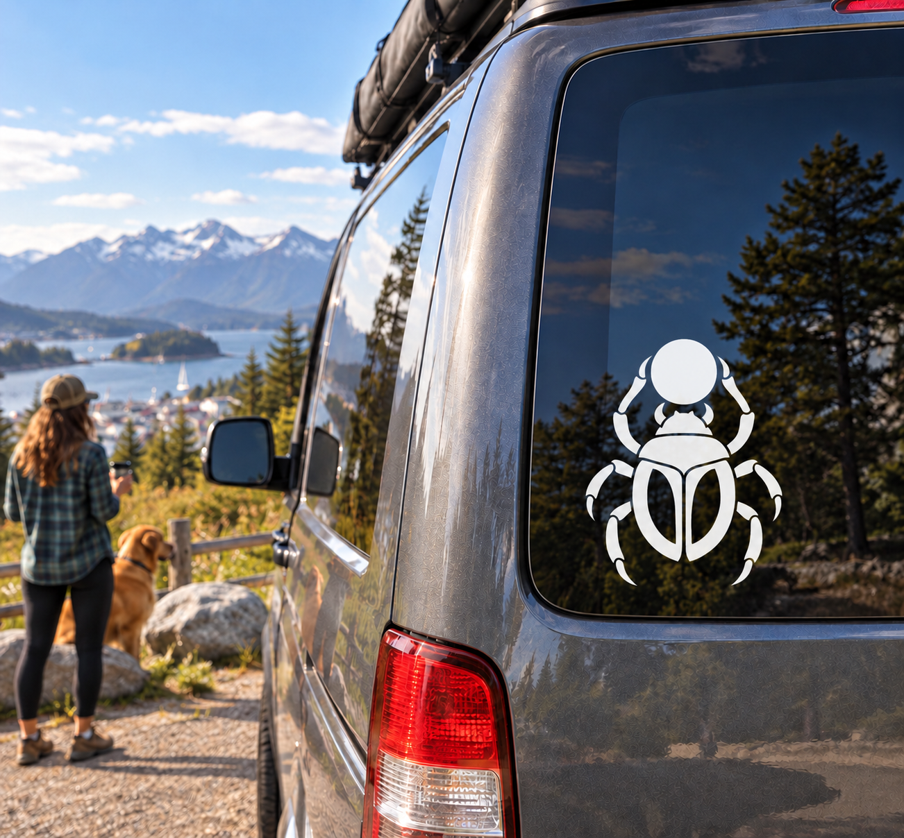 Solar Scarab vinyl decal for vehicles, black-and-white scarab with sun disc
