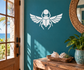 Winged scarab crest vinyl decal, white beetle with outstretched wings
