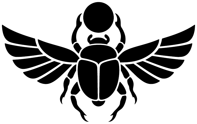 Winged scarab crest vinyl decal, black beetle silhouette with outstretched wings