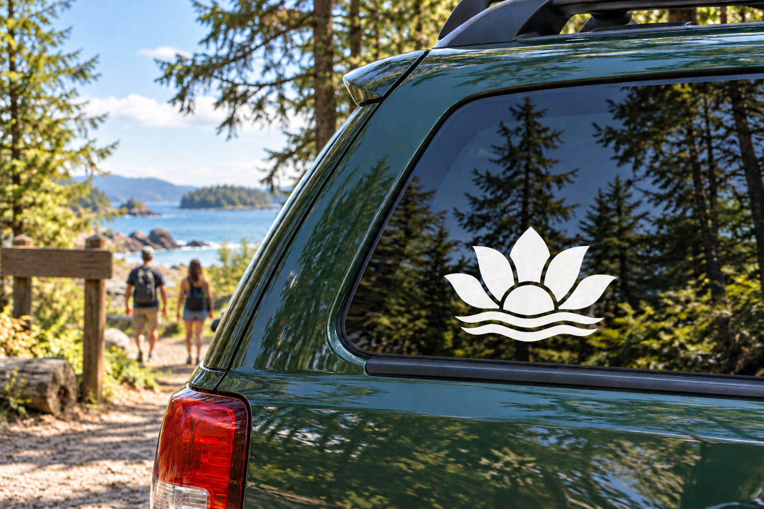 Lotus vinyl decal on car window: black lotus with white outline and wave base.
