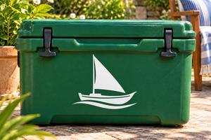 Nile sailboat vinyl decal on green cooler, white boat with sails