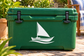 Nile sailboat vinyl decal on green cooler, white boat with sails
