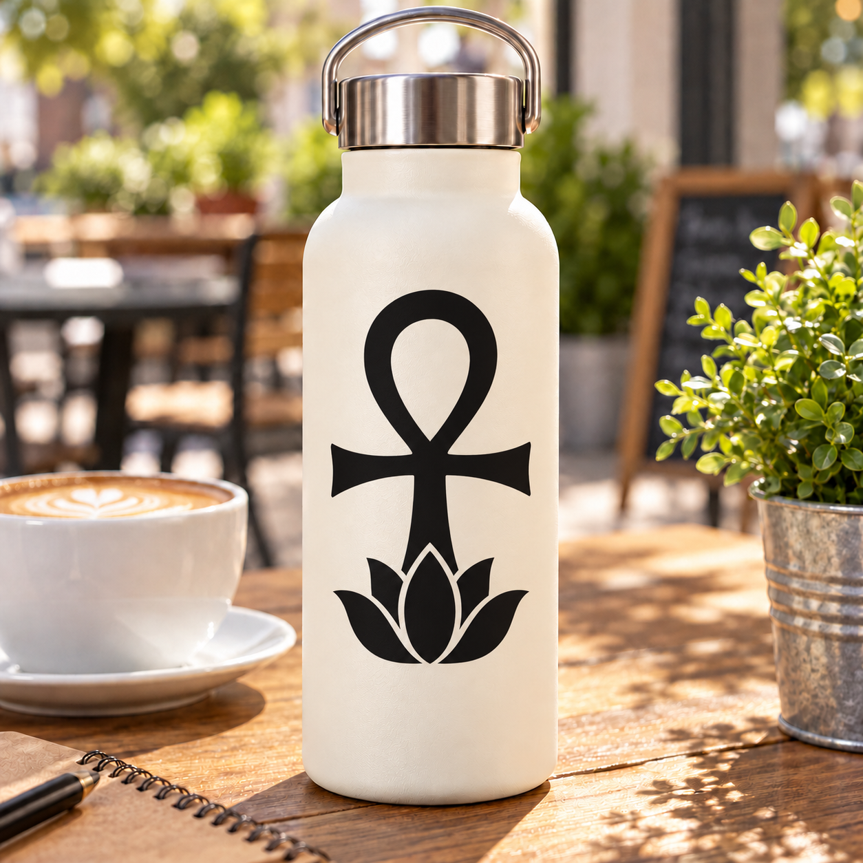Black ankh and lotus vinyl decal on a white bottle
