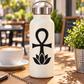 Black ankh and lotus vinyl decal on a white bottle