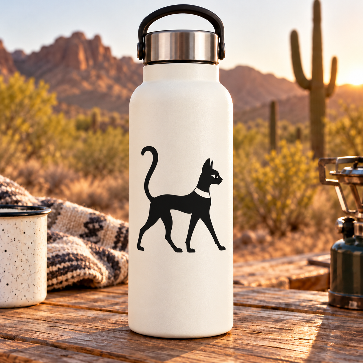 Black desert cat profile vinyl decal on white surface