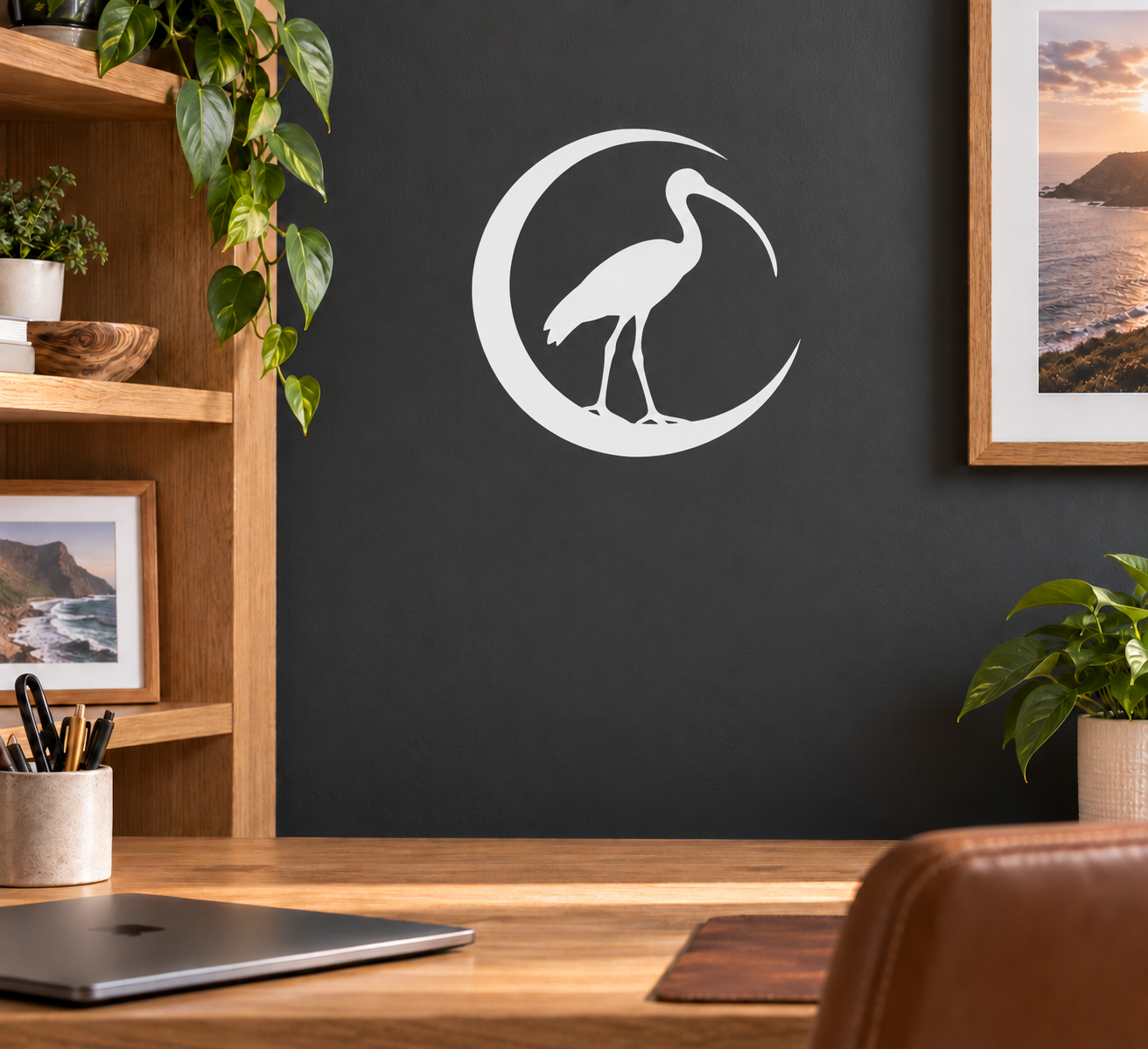 Ibis crescent vinyl decal, white on dark wall with bird silhouette