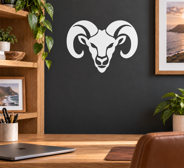 Ram horn crest vinyl decal, white ram head with curved horns