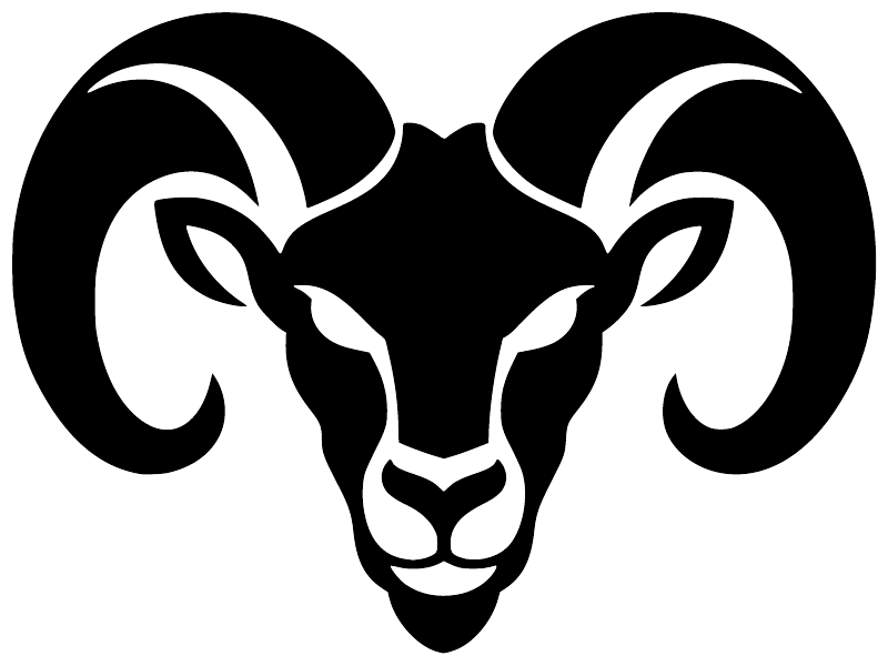 Ram horn crest vinyl decal, black-and-white ram head with curved horns