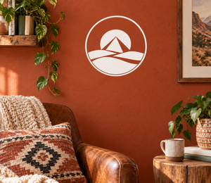 Pyramid and sun badge vinyl decal with mountain range inside white circle, white outline