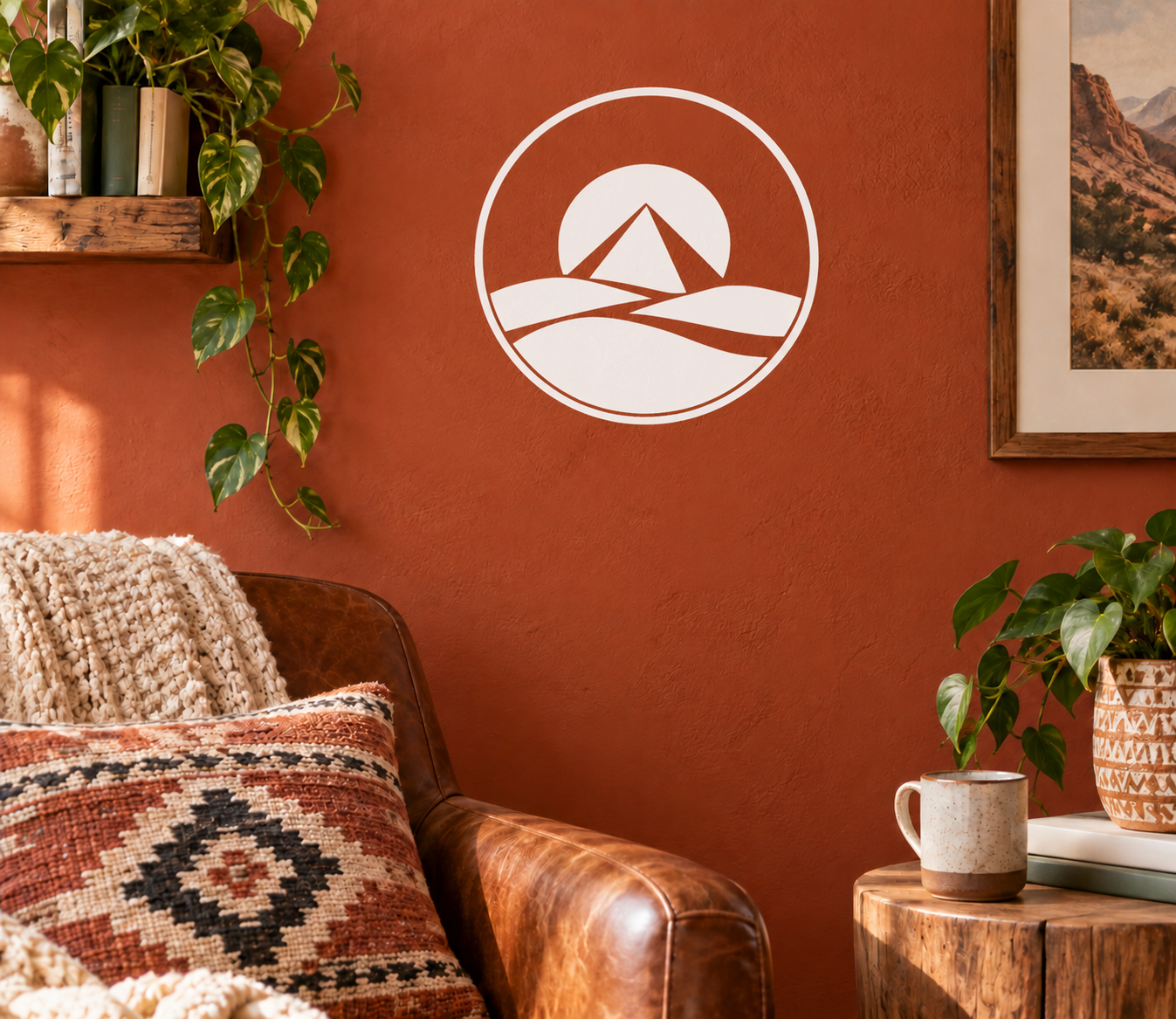 Pyramid and sun badge vinyl decal with mountain range inside white circle, white outline