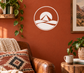 Pyramid and sun badge vinyl decal with mountain range inside white circle, white outline