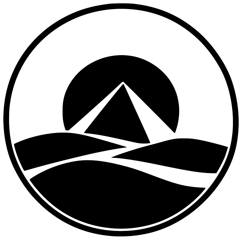 Pyramid, sun, and mountains badge vinyl decal in black circle with white logo
