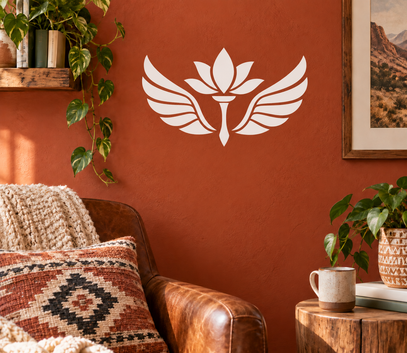 White lotus wing emblem vinyl decal with centered lotus flower and feathered wings