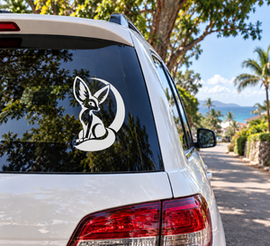 Desert fox night vinyl car decal on rear window, black and white graphic