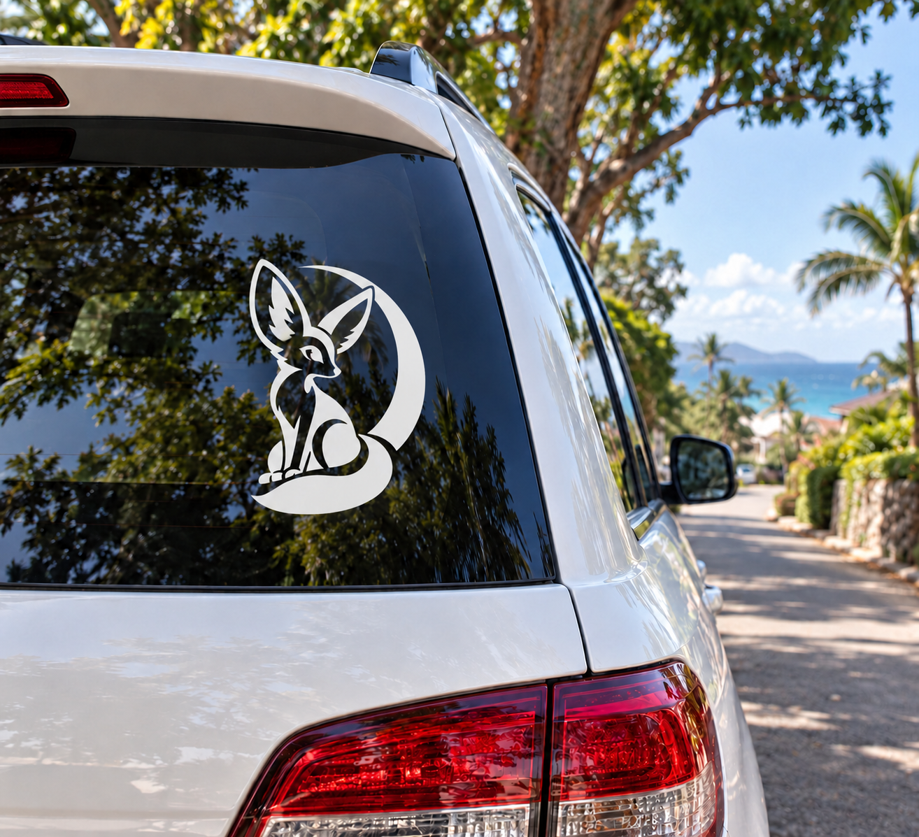 Desert fox night vinyl car decal on rear window, black and white graphic