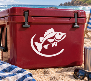 White river fish emblem vinyl decal on red surface