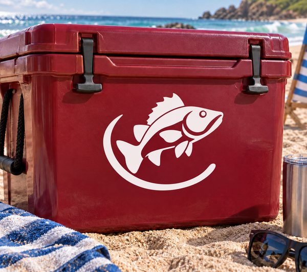 White river fish emblem vinyl decal on red surface