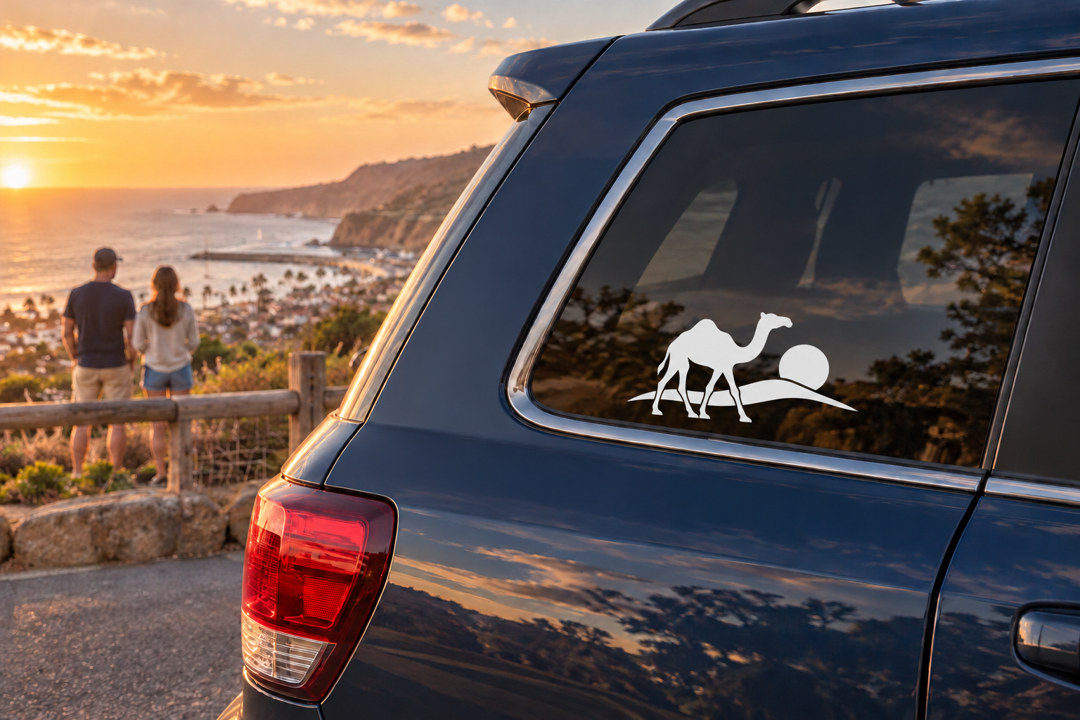 Black camel and cat vinyl decal on a car rear window