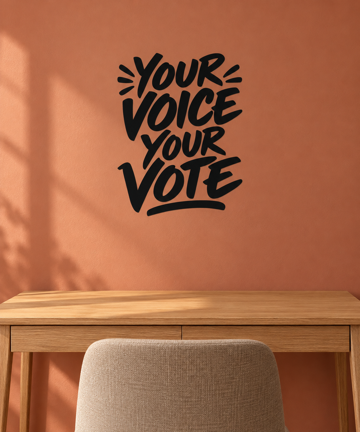 Vinyl wall decal with black hand-lettered “Your Voice Your Vote” text