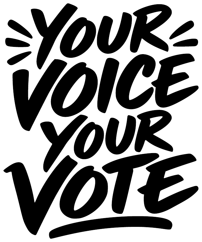 Bold black “Your Voice Your Vote” vinyl decal text, hand-lettered style