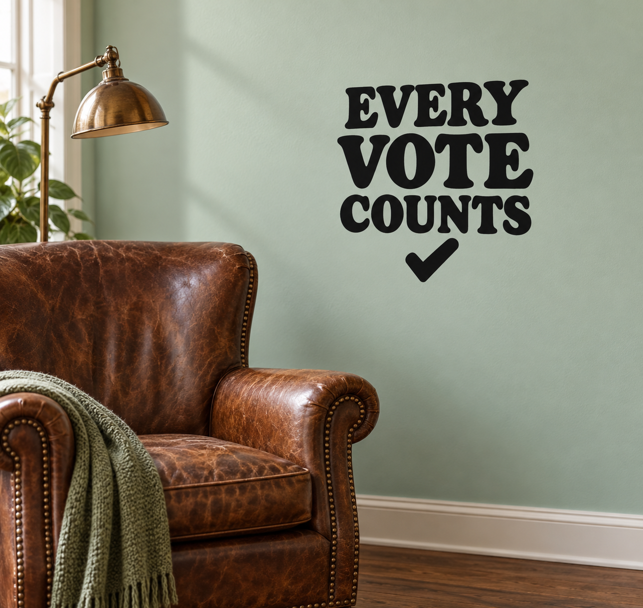 Vinyl decal with bold black text: EVERY VOTE COUNTS and a check mark heart