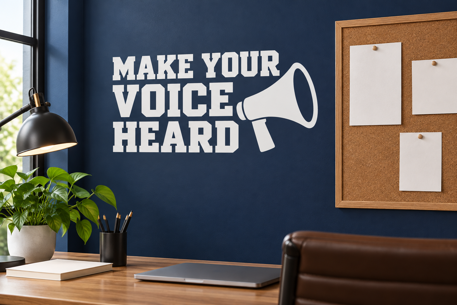 Vinyl decal reading "MAKE YOUR VOICE HEARD" with megaphone graphic, white text on dark background