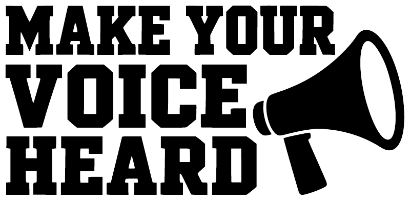 Close-up vinyl decal with bold text "MAKE YOUR VOICE HEARD" and white megaphone icon
