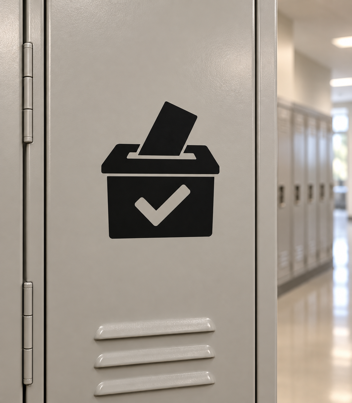 Ballot box vinyl decal with checkmark and voting paper icon, black and white