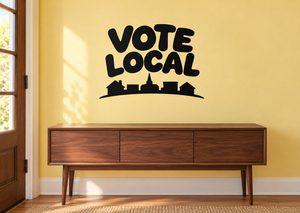 Vote Local vinyl decal with bold black text and city skyline silhouettes