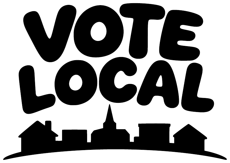 Vote Local vinyl decal close-up, large black lettering with house and skyline shapes