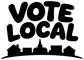Vote Local vinyl decal close-up, large black lettering with house and skyline shapes