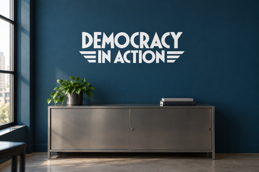ElectionCX008 — Democracy in Action; illustrative application of the exact PDF artwork