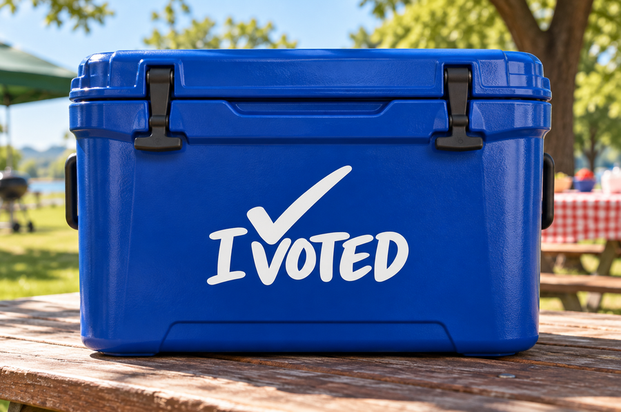 ElectionCX009 — I Voted; illustrative application of the exact PDF artwork