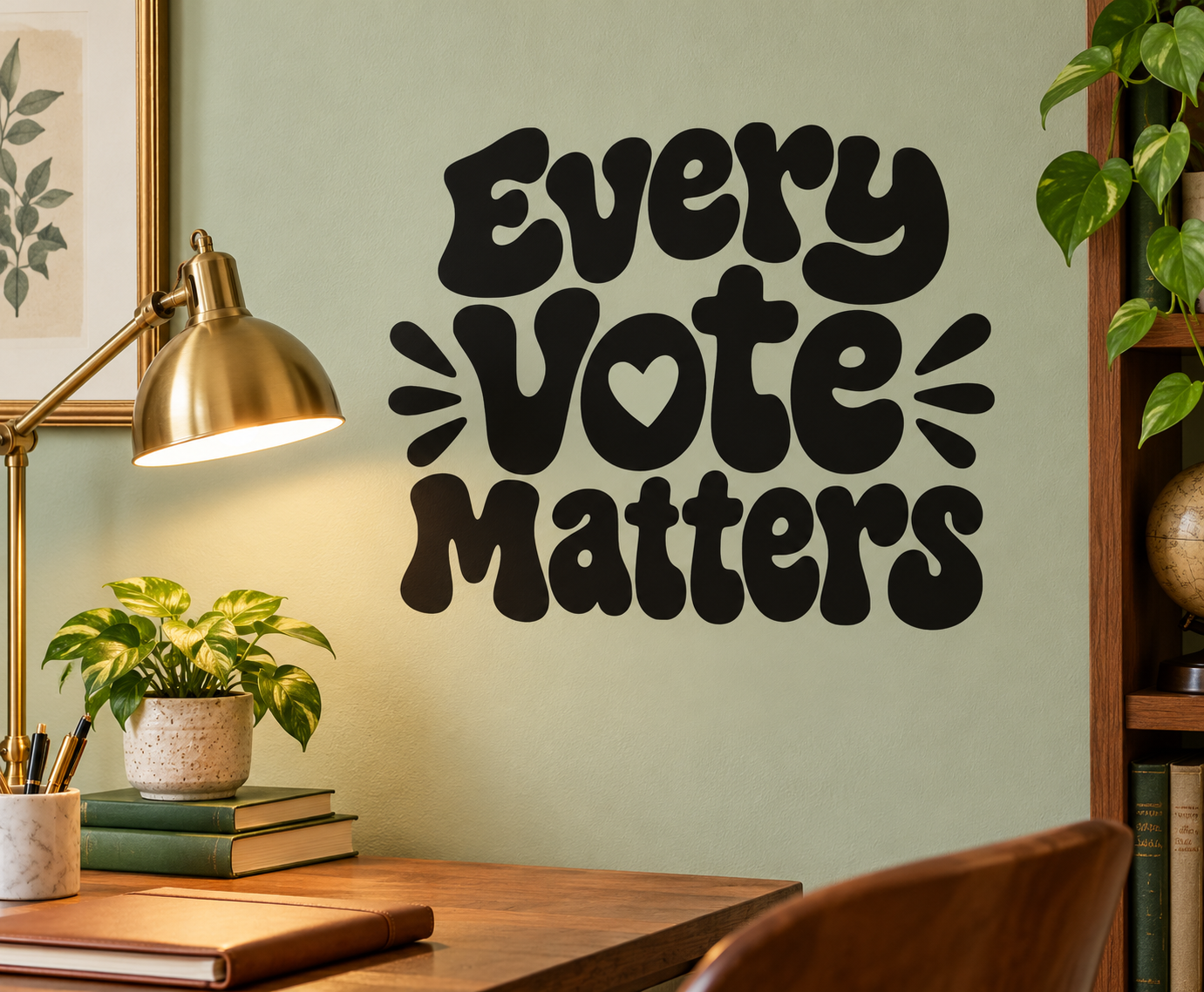 Vinyl decal with bold black text: “Every Vote Matters” and heart icon