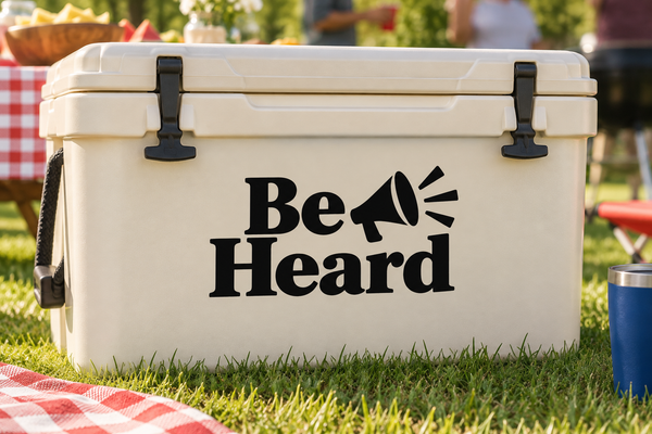 Be Heard vinyl decal with black megaphone icon and bold 'Be Heard' lettering